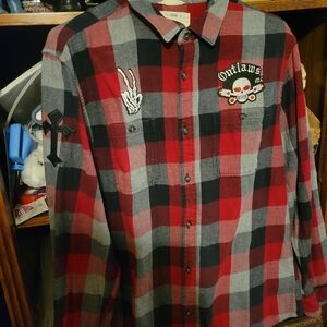 Unique Upcycled Flannel Button Up Shirt Skull Cross Motorcycle Sz L Red Black